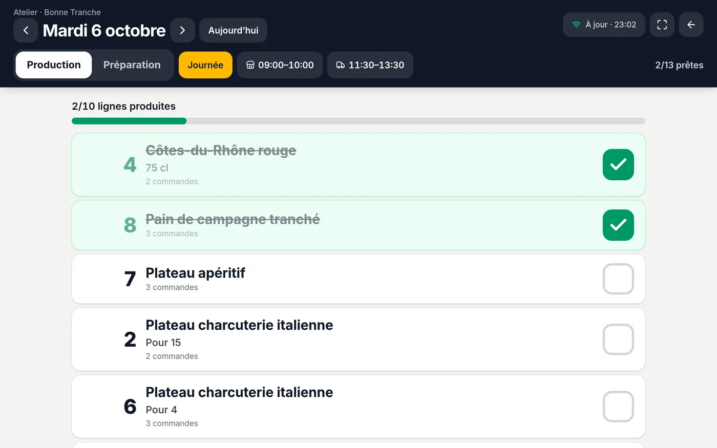 Récap de production sur tablette en mode atelier