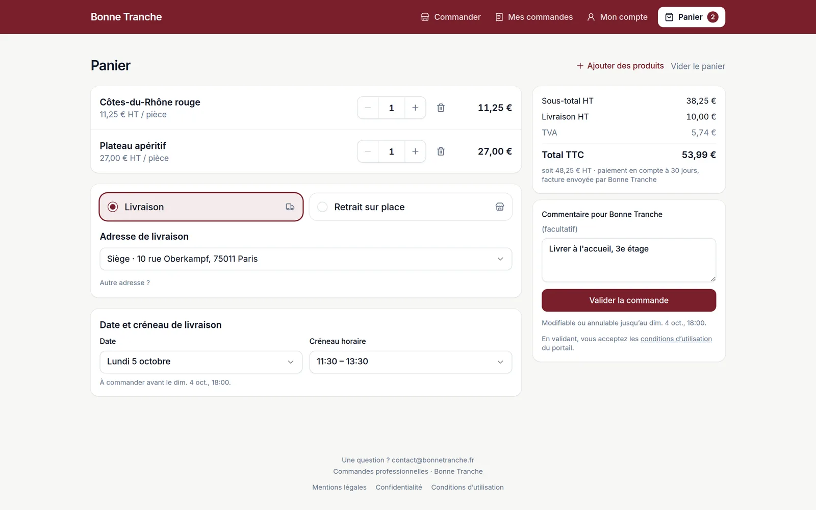 Panier d’un client professionnel avec date et créneau de livraison